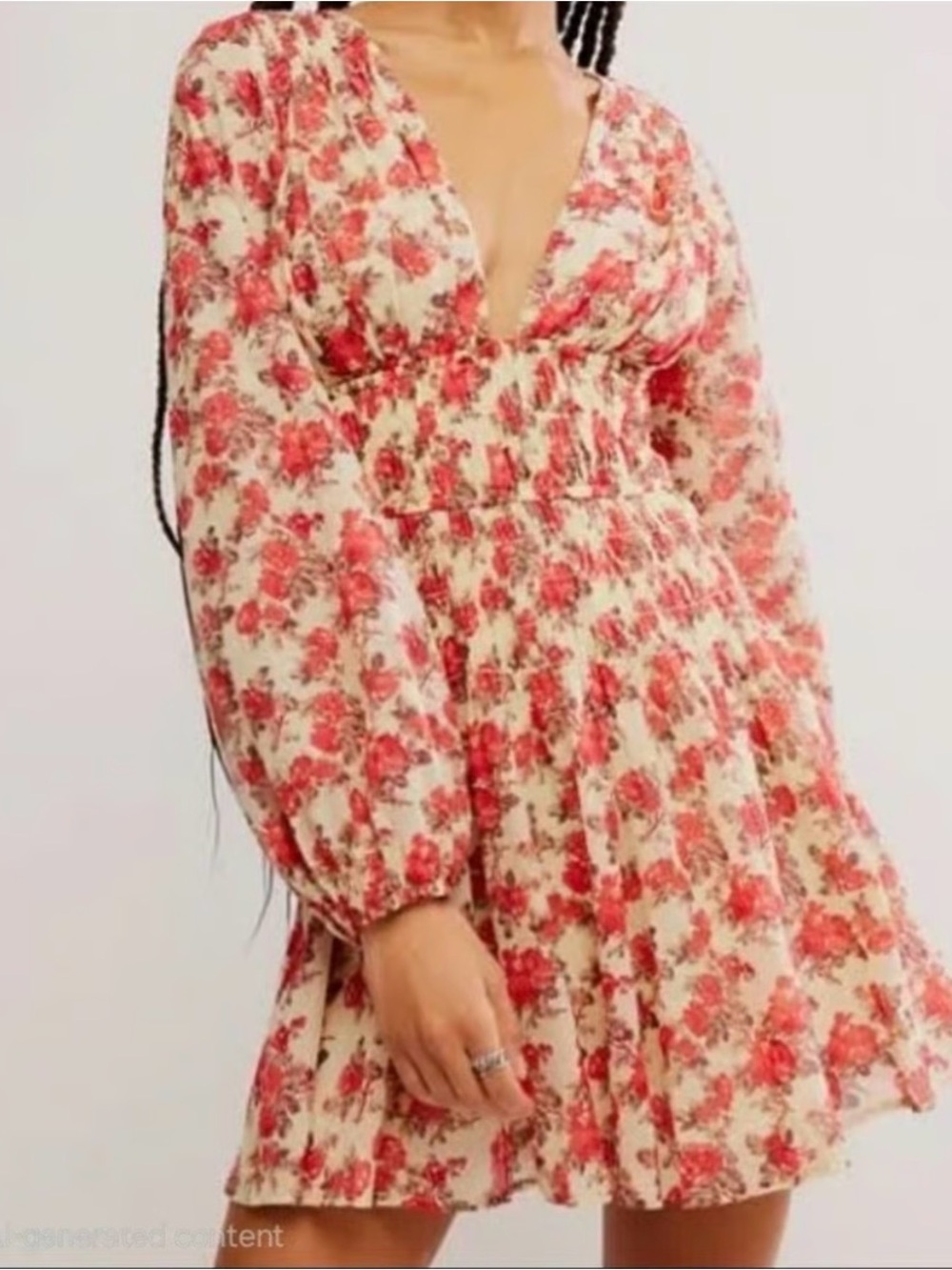 Free‎ People "Keep You" Floral Long Sleeve Mini Dress Smocked Waist Boho Size S